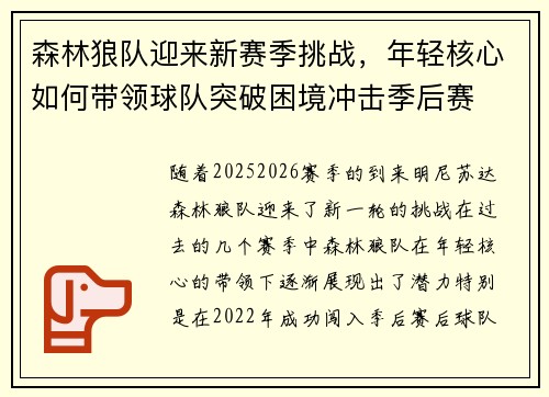 森林狼队迎来新赛季挑战，年轻核心如何带领球队突破困境冲击季后赛